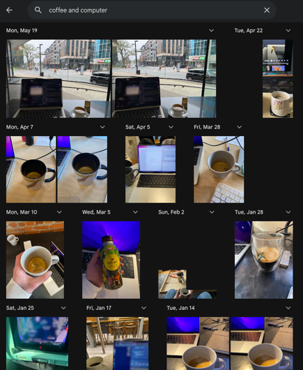 Google Photos search results for 'coffee and computer'