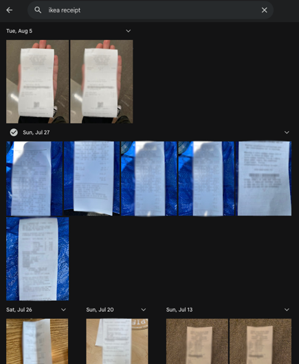 Google Photos search results for 'ikea receipt'
