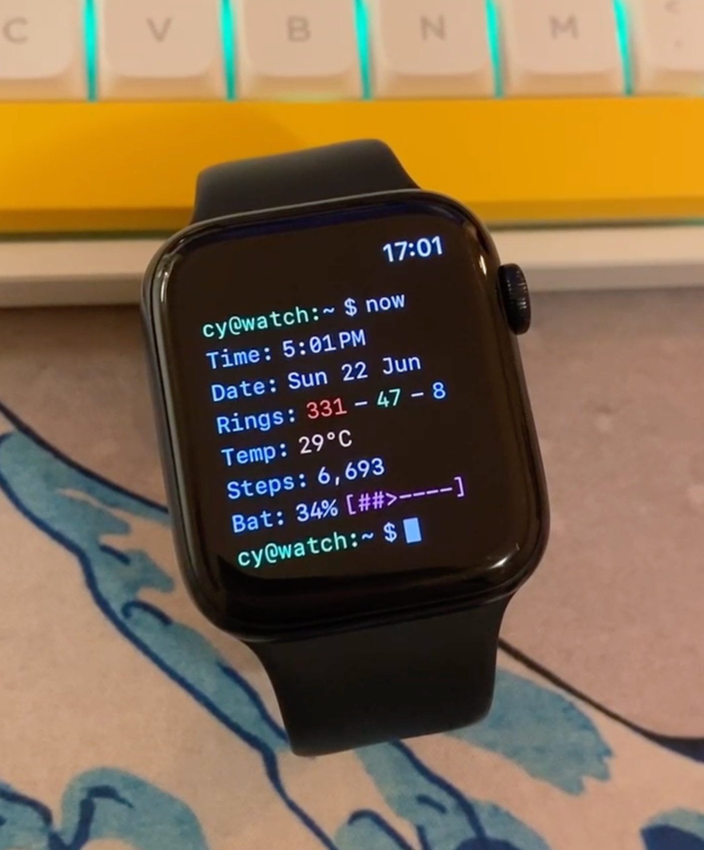Terminal-style watch face on Apple Watch