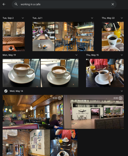 Google Photos search results for 'working in a cafe'